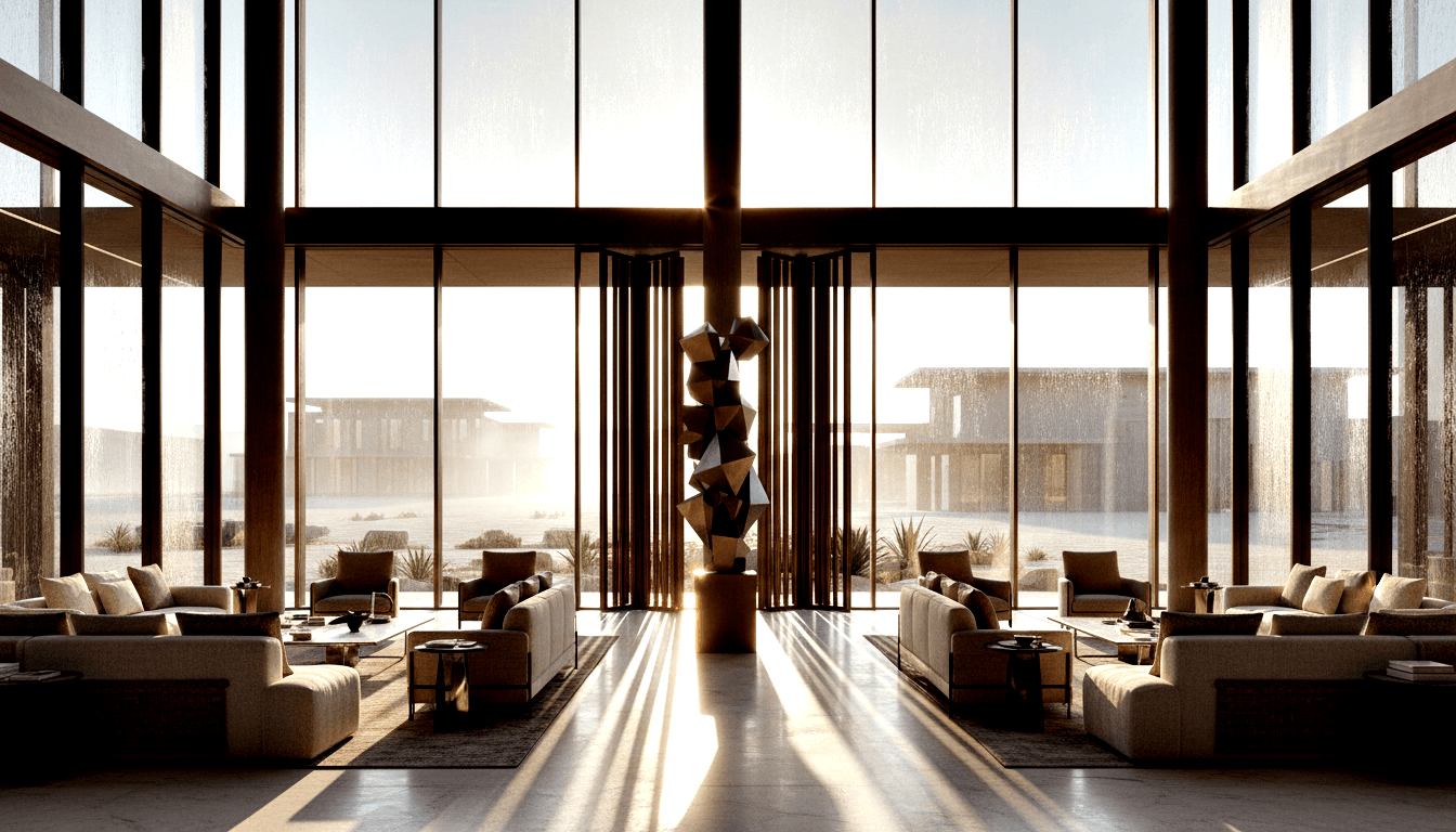 CGI lobby with floor-to-ceiling glass walls, faceted bronze sculpture on pedestal, wooden slatted screens, and cream modular sofas.