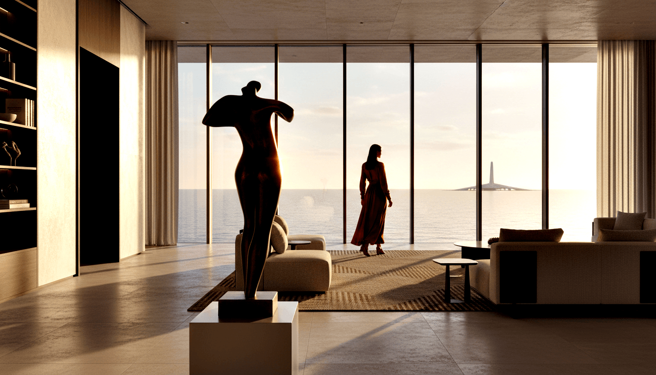 Bronze abstract sculpture on white pedestal; woman in burgundy gown silhouetted against floor-to-ceiling windows overlooking calm water.