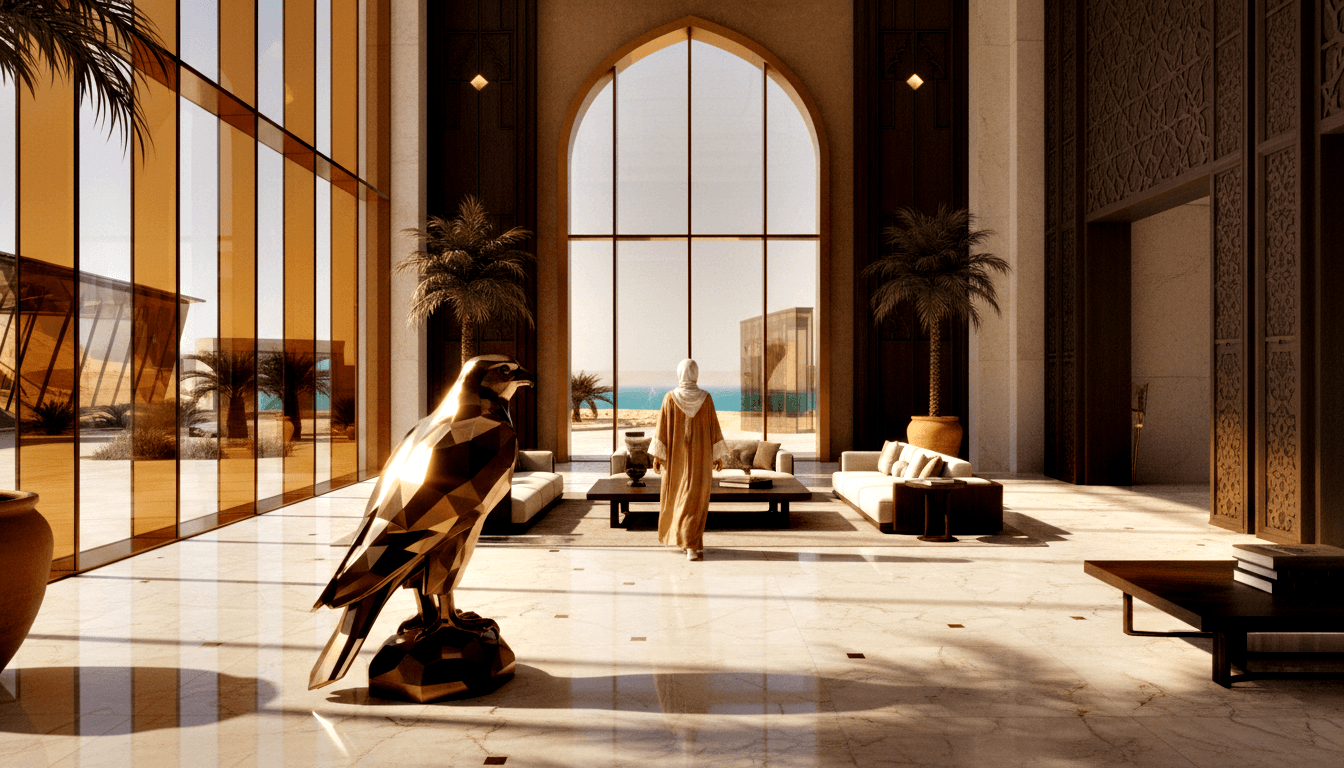 CGI lobby: geometric latticework walls, marble floors, arched window, metallic falcon sculpture, figure in golden attire walking.