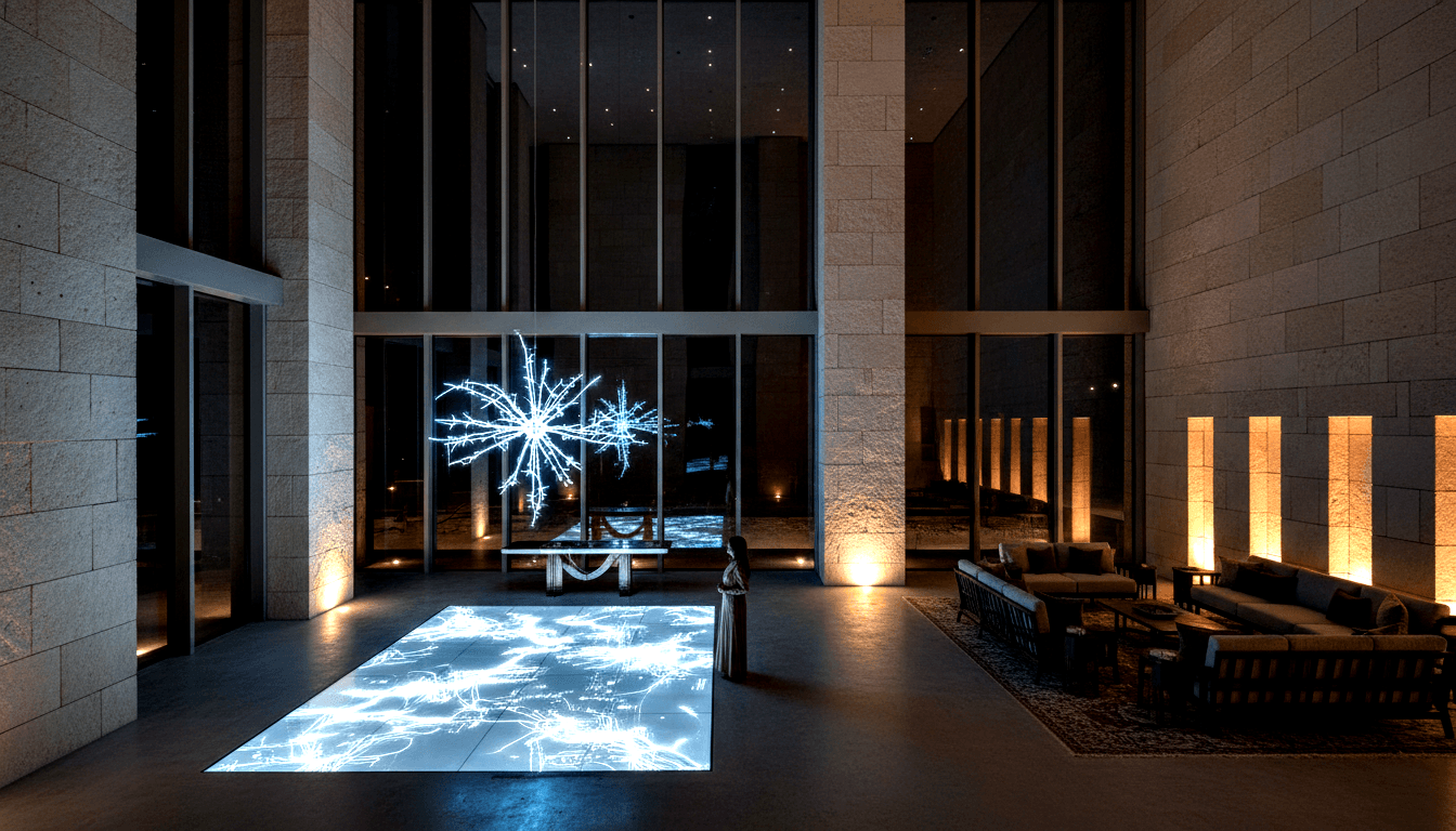 Stone-columned lobby at night; glowing floor panel with white branching lines, blue-white starburst sculpture, one figure standing.