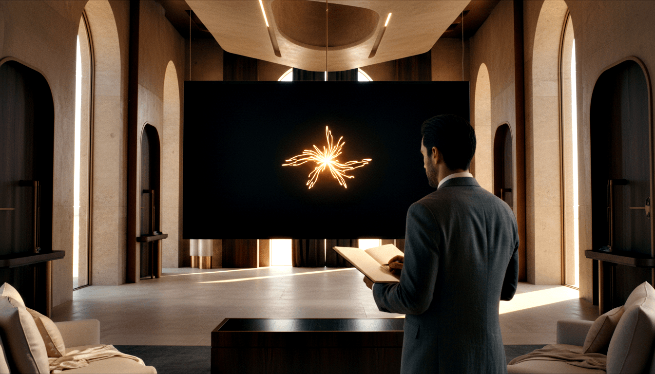 Dark-haired man in charcoal suit holds open book before large screen displaying glowing golden starburst particle pattern.
