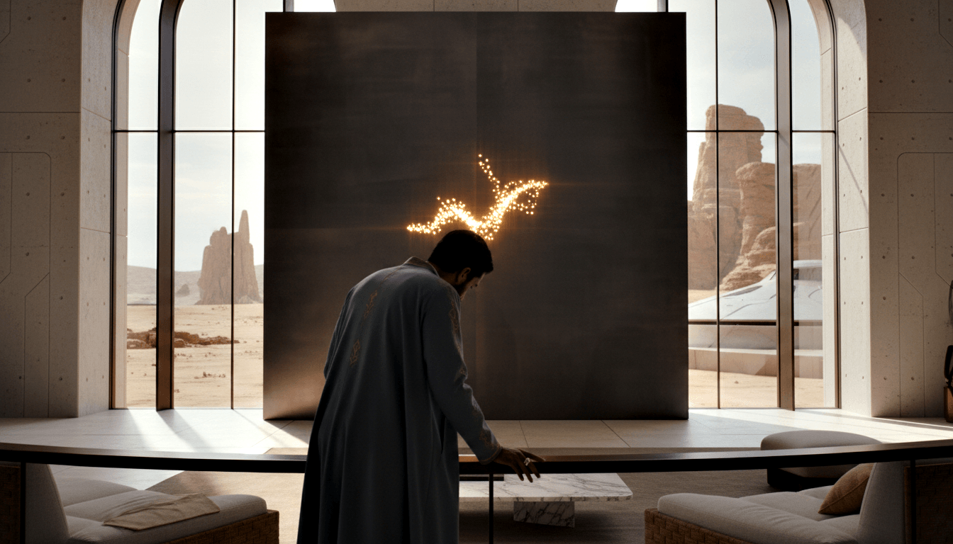 Robed male figure leans over curved marble reception desk facing a dark panel with glowing branching particle formation in a stone interior.