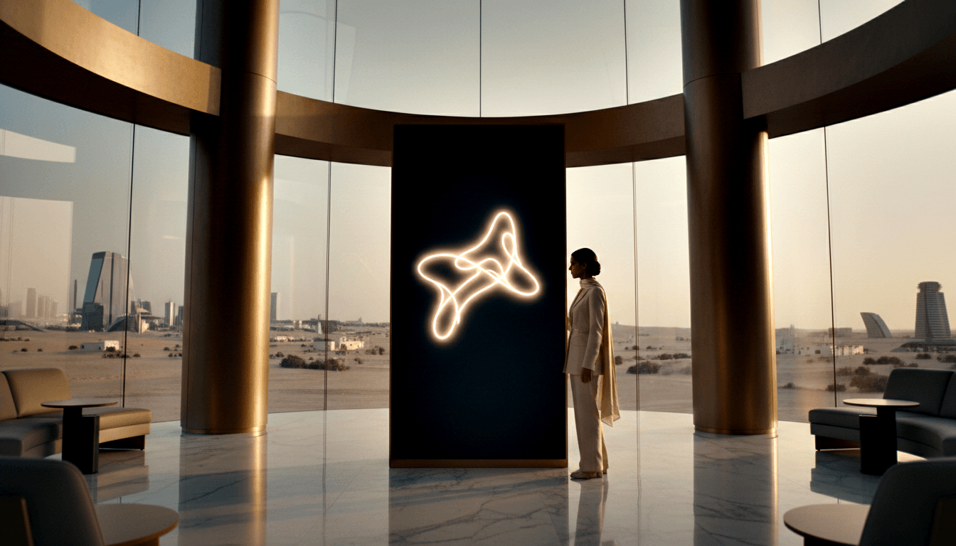 Woman in cream blazer and wide-leg trousers stands in profile before a glowing intertwined biomorphic light sculpture on a dark panel.