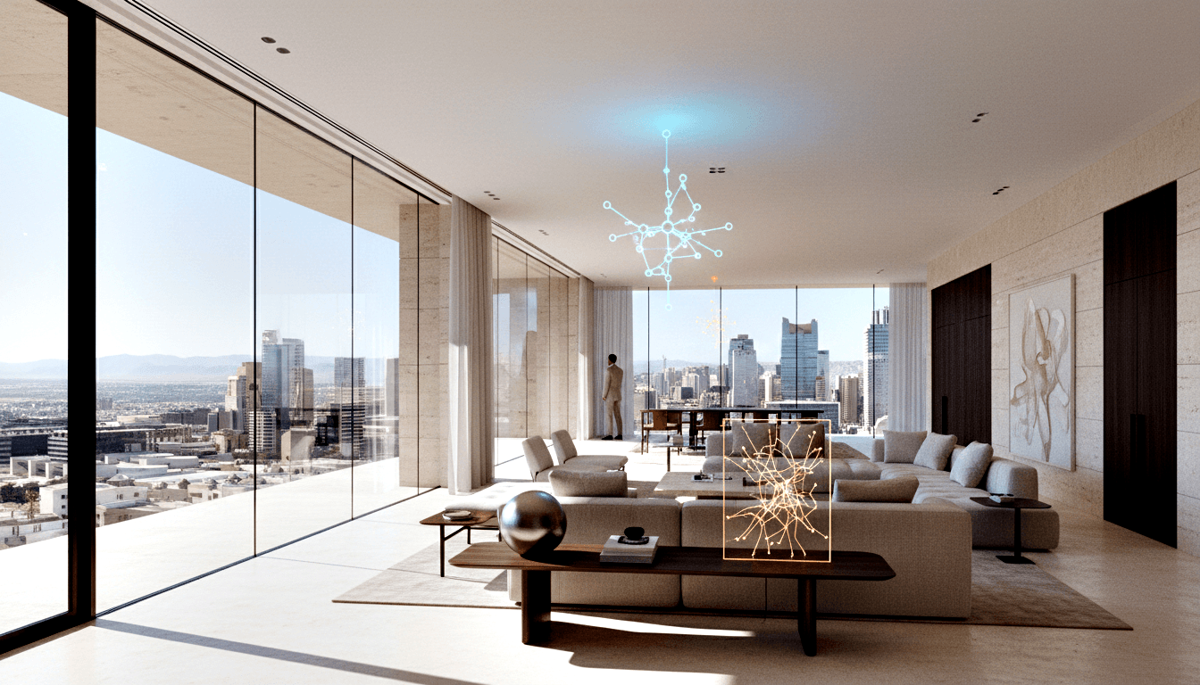 CGI penthouse with travertine floors, beige sectional sofa, cyan ceiling network diagram, amber table sculpture, and male figure near glass wall.