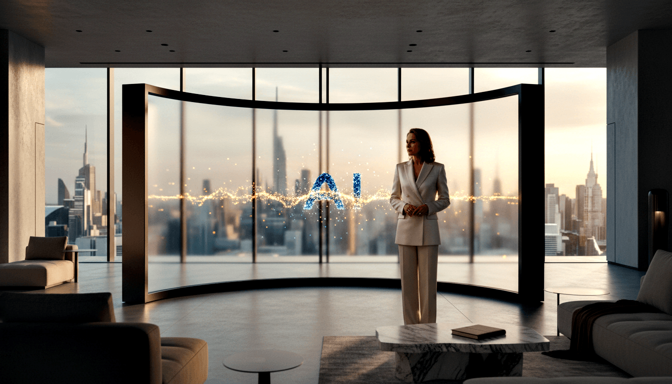 Woman in cream pantsuit stands before curved floor-to-ceiling windows with glowing holographic blue and gold 'AI' letters floating center-frame.