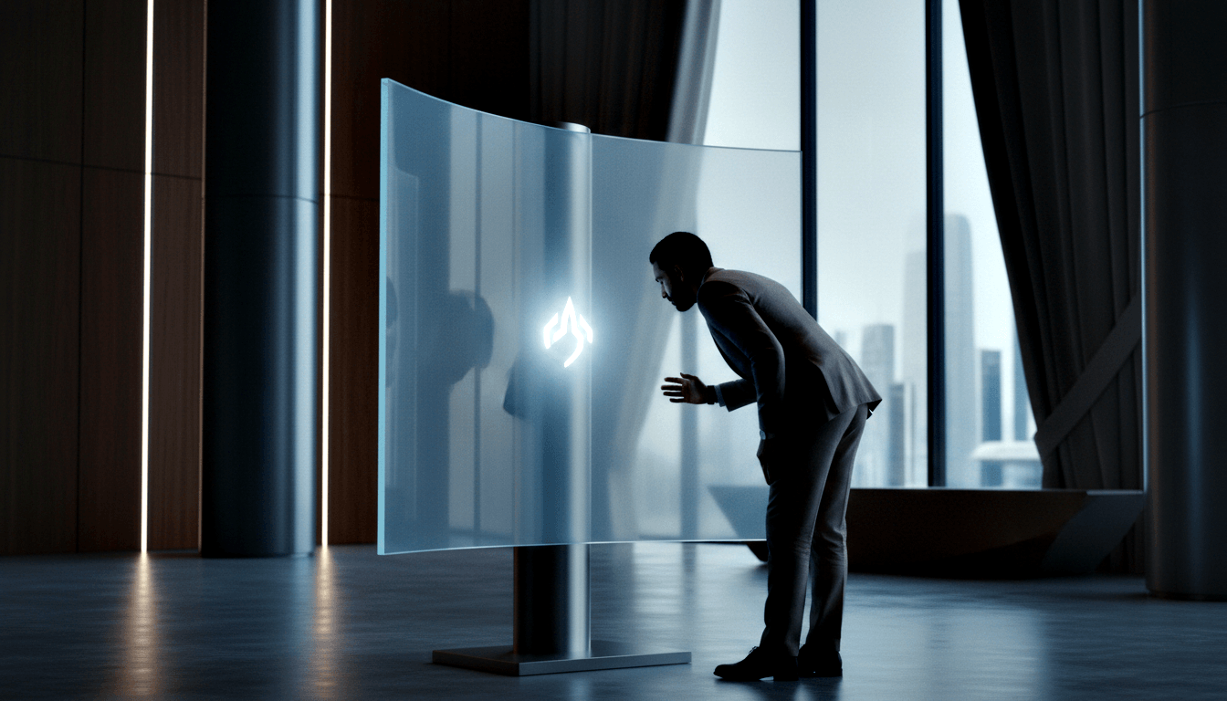 Man in blazer extends hand toward glowing frosted-glass panel on metallic stand; city skyline visible through floor-to-ceiling windows.
