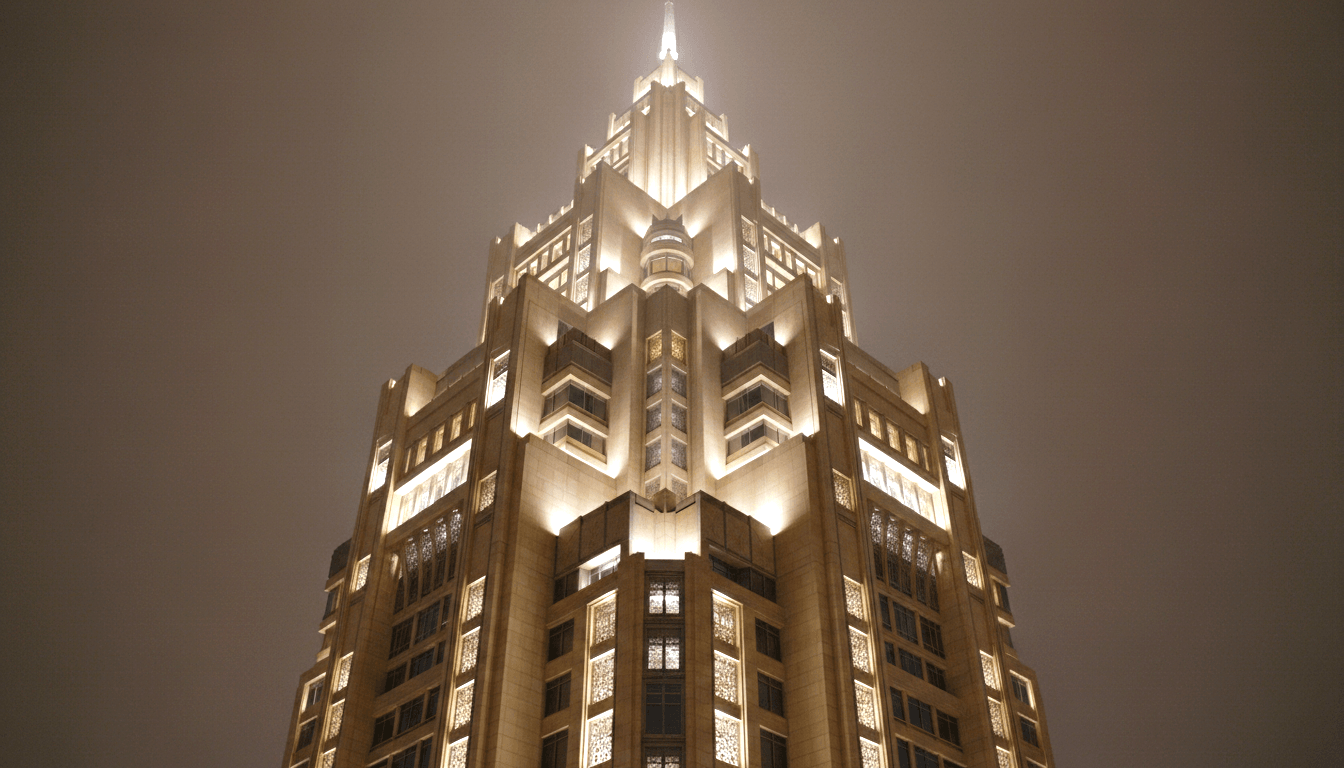 Tall Art Deco tower with tiered facade, geometric latticed panels, and glowing white spire, photographed from extreme low angle at night.