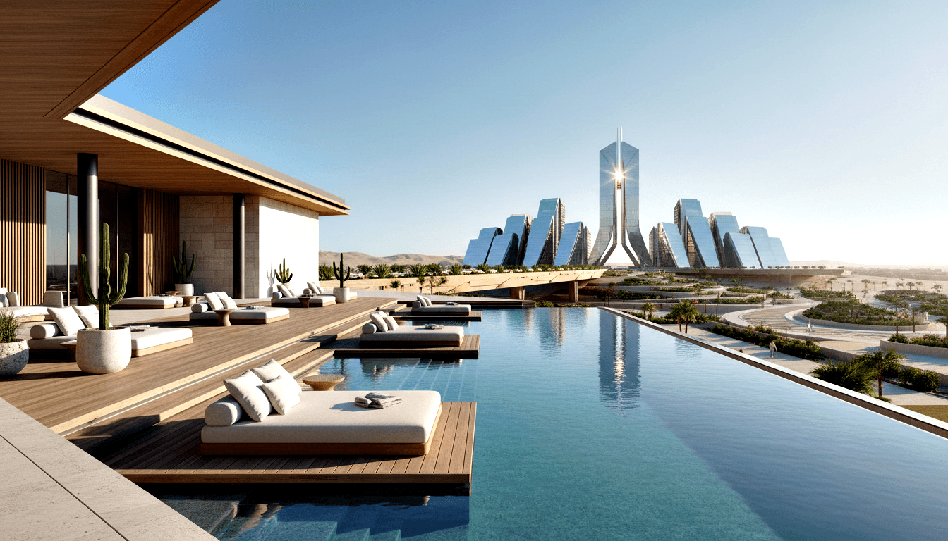 CGI rendering of infinity pool with wooden decks and white loungers; columnar cacti in cylindrical planters; prismatic glass skyscrapers behind.