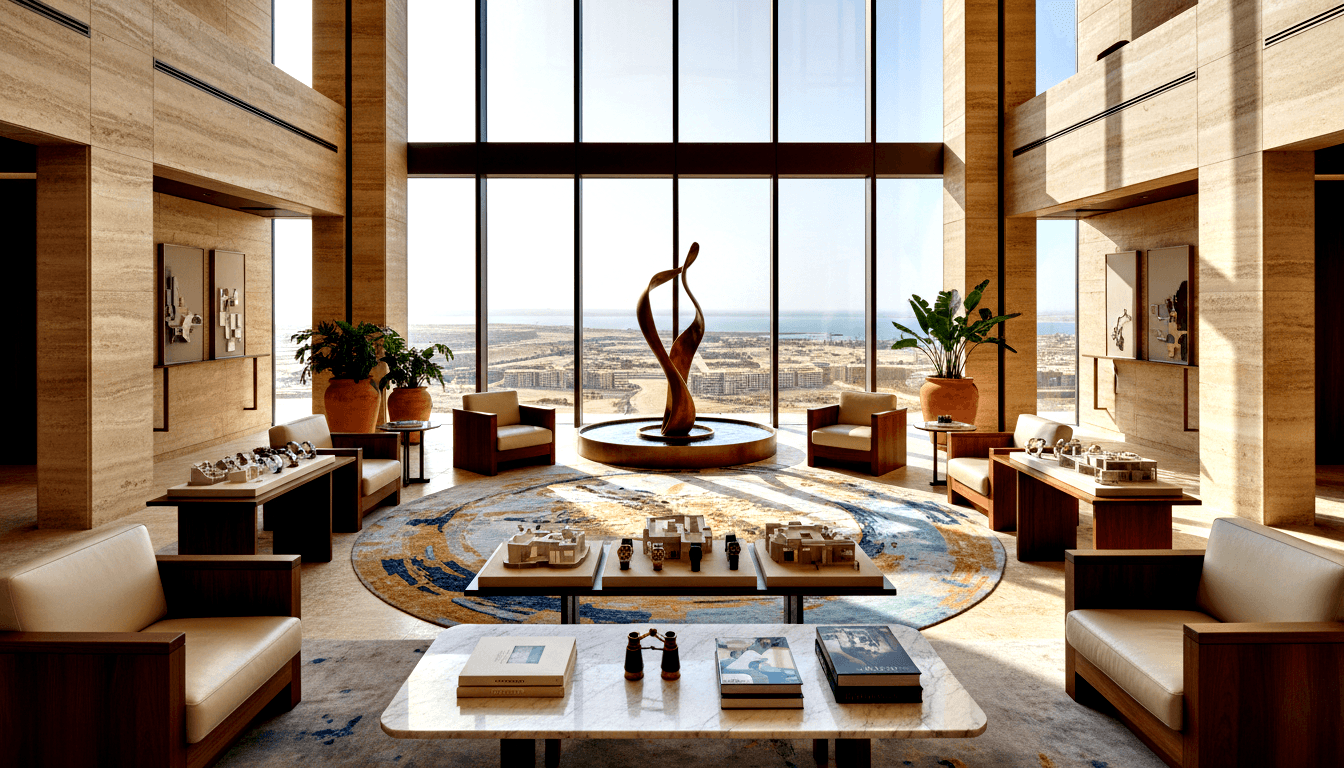 Twisted bronze sculpture on circular platform, cream leather seating, blue-gold rug, glass walls with desert cityscape beyond.