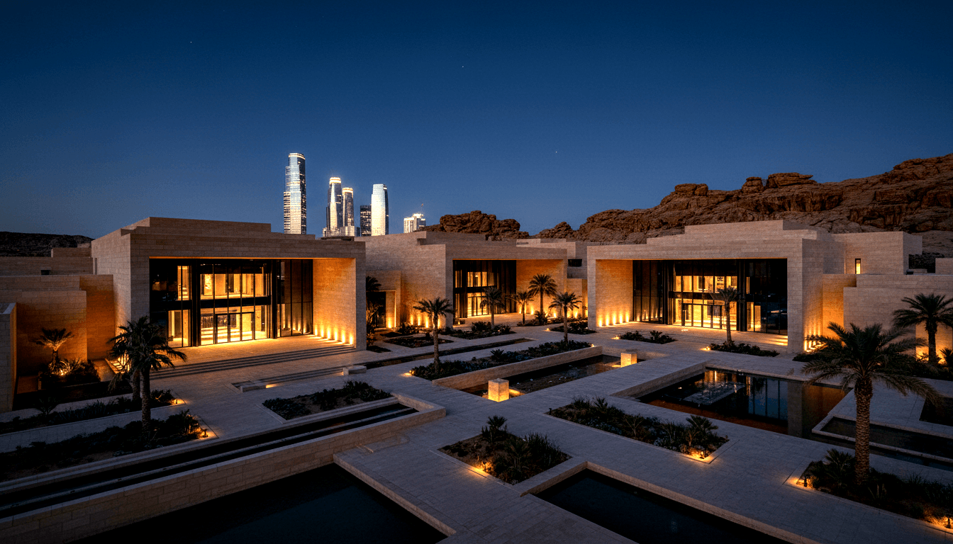 Amber-lit sandstone pavilions before massive reddish-brown cliffs at twilight, with reflecting pools and glowing glass skyscrapers.