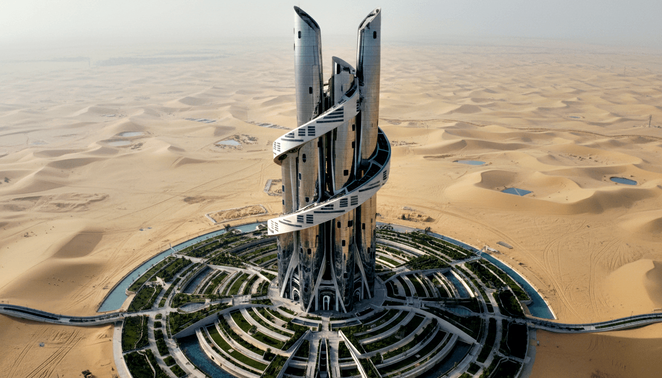 CGI aerial: curved blade-shaped glass towers on circular terraced base with green landscaping and water channels amid desert dunes.