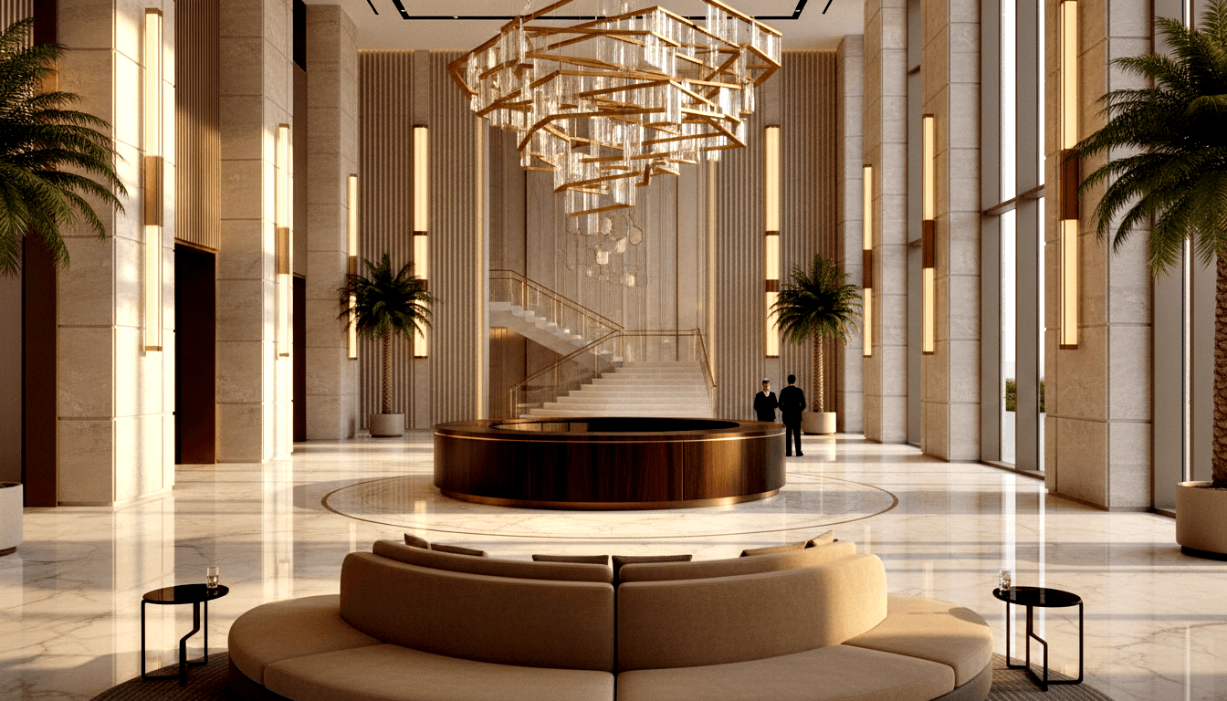 CGI atrium: marble floors, gold-crystal chandelier over circular walnut reception desk, curved sofa, palms, glass staircase.