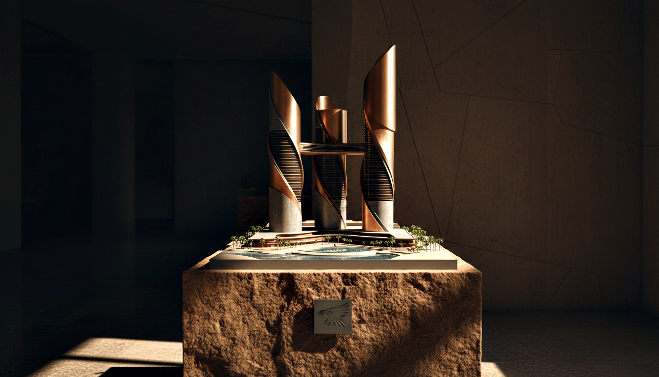 CGI architectural scale model of 3–4 spiraling copper-finned skyscrapers on a white base with palm trees and pool, on a stone pedestal.