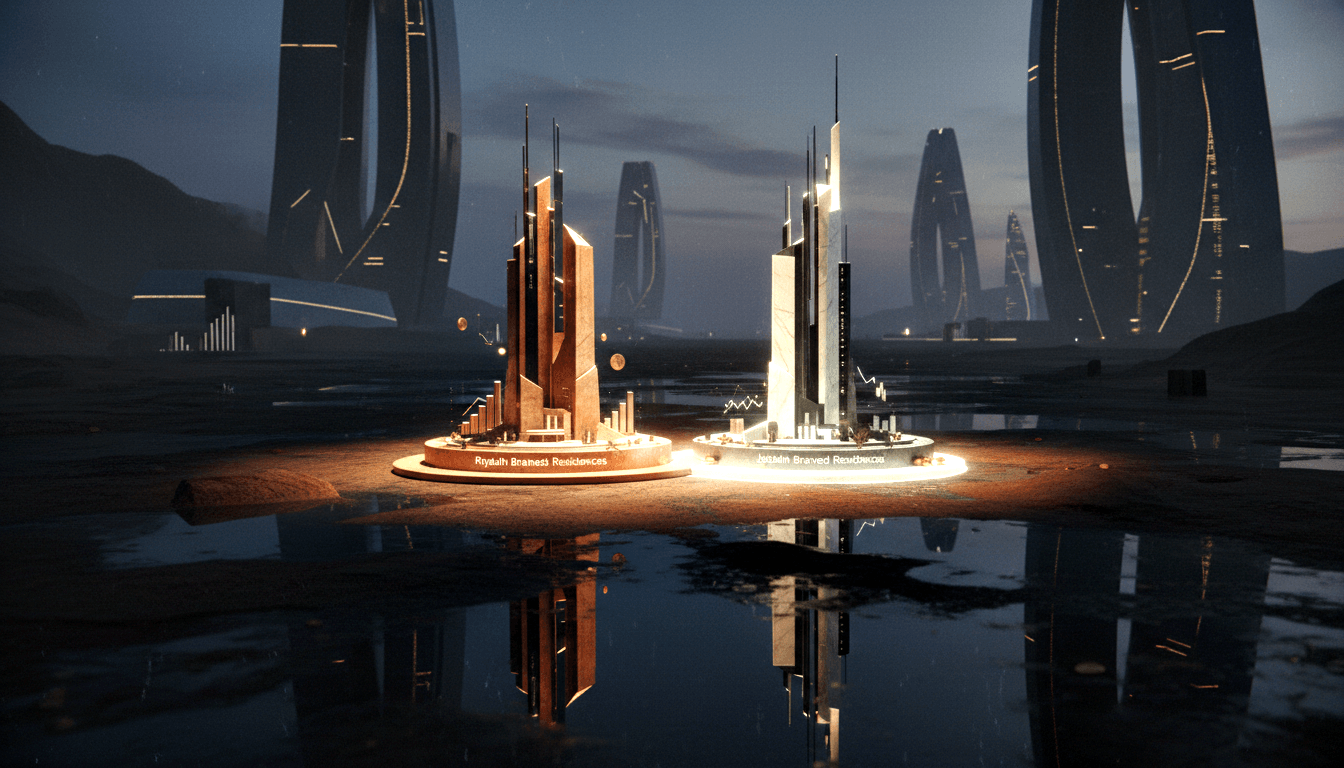 CGI render of two futuristic tower clusters on glowing pedestals in flooded terrain, surrounded by floating bar graphs, stock charts, and coins.