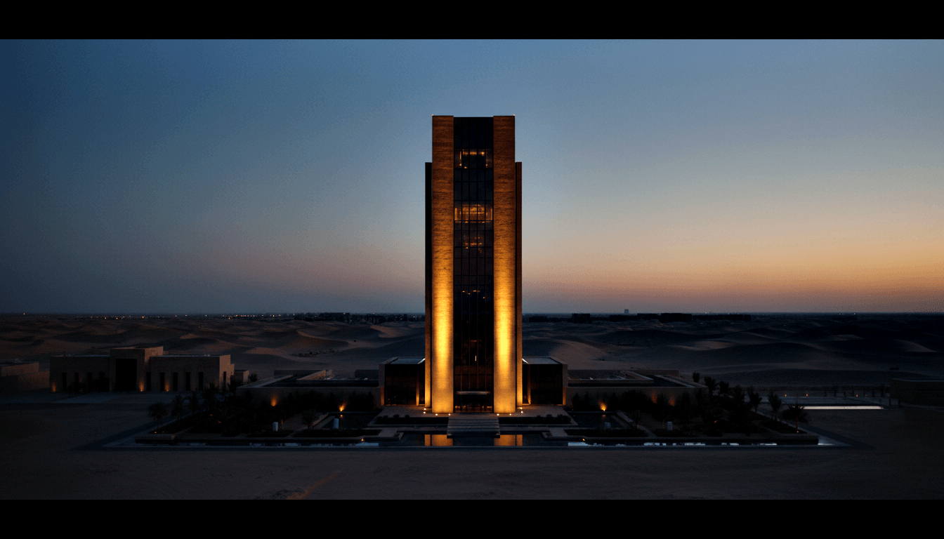Modernist tower with stone cladding and glass curtain wall, formal plaza, reflecting pools, desert palms, amber dusk sky.
