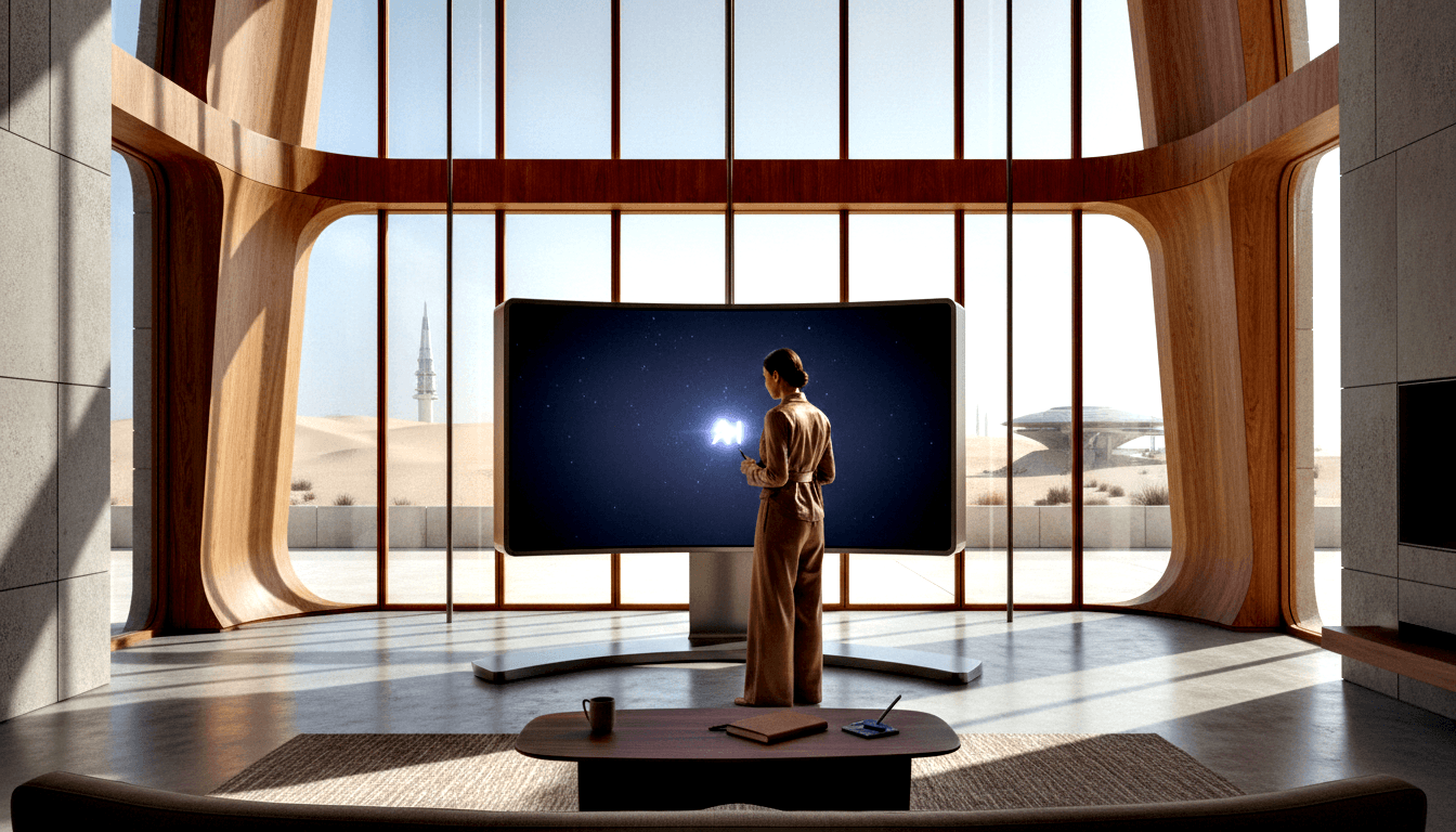 Woman in tan pantsuit faces a large curved screen showing a starfield, in a room with wooden archways, stone floor, and desert dune views.