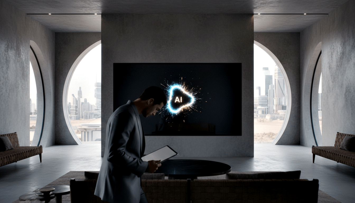 Man in gray suit holds tablet facing cyan 'AI' logo display with orange sparks; two circular arches reveal urban skyline.