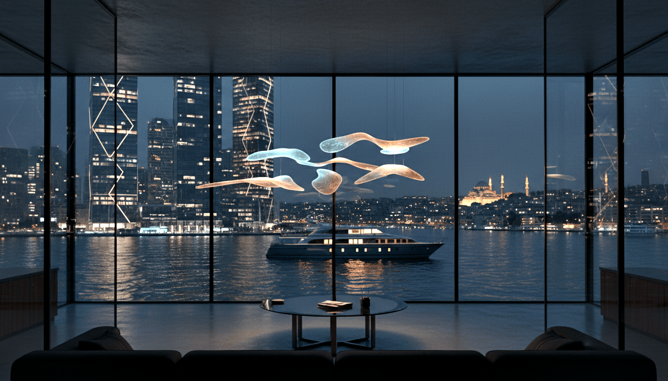 Sculptural pearlescent chandelier above black coffee table, dark seating; nighttime waterfront, skyscrapers, mosque through glass walls.