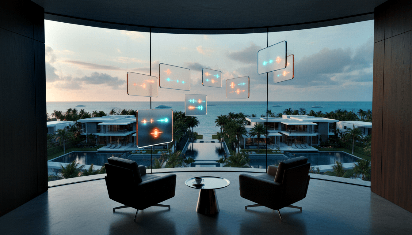 CGI curved lounge with panoramic windows overlooking palms, pools, ocean at dusk; two armchairs, round table, floating glowing panels.