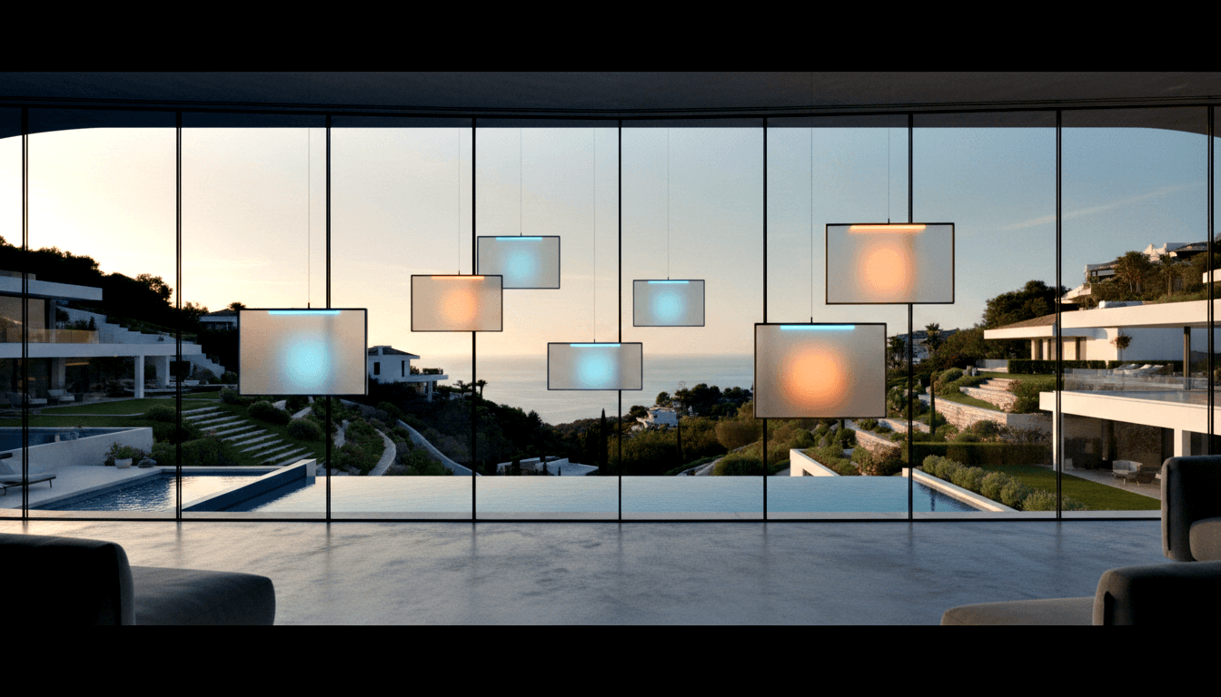Rectangular pendant lamps glow cyan left and amber right before glass walls overlooking terraced pool and water horizon.