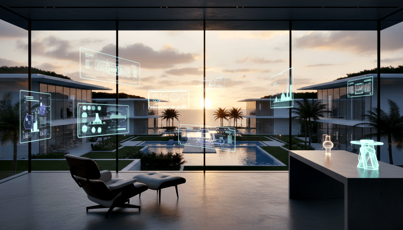 CGI dark minimalist room: black leather chair, glowing teal hourglass, cyan holographic panels, floor-to-ceiling glass overlooking ocean.