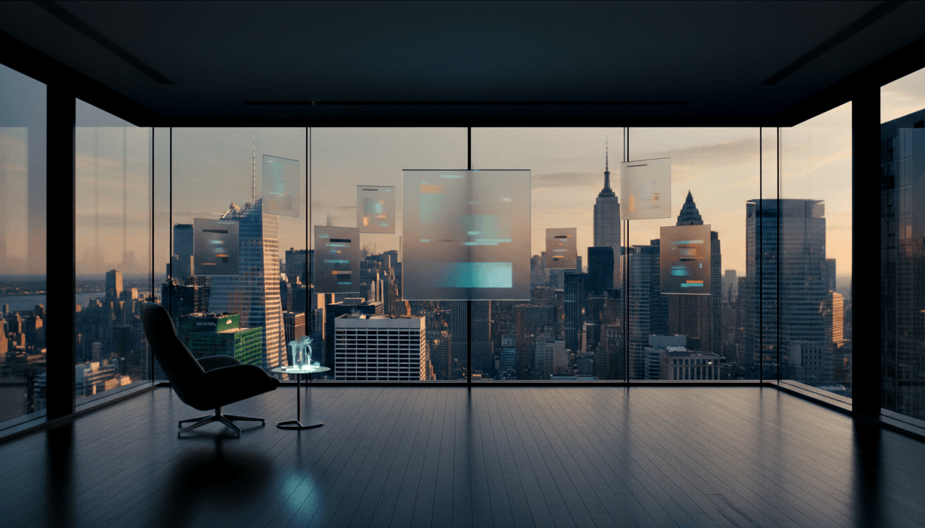 Sparse high-floor room with floor-to-ceiling glass, city skyline at twilight, black lounge chair, and floating teal-edged holographic panels.