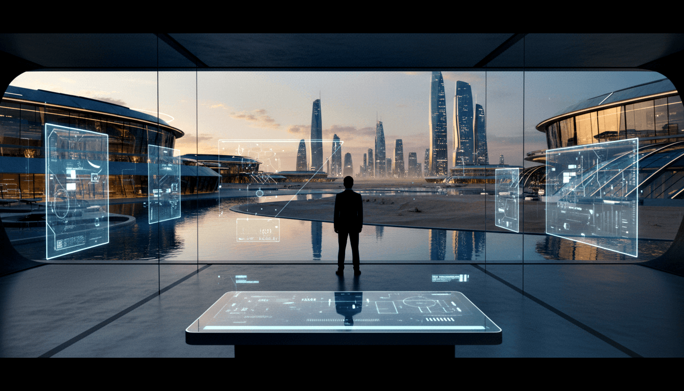 Silhouetted man in dark suit before a panoramic window overlooking a futuristic dusk cityscape with water and curved glass structures.