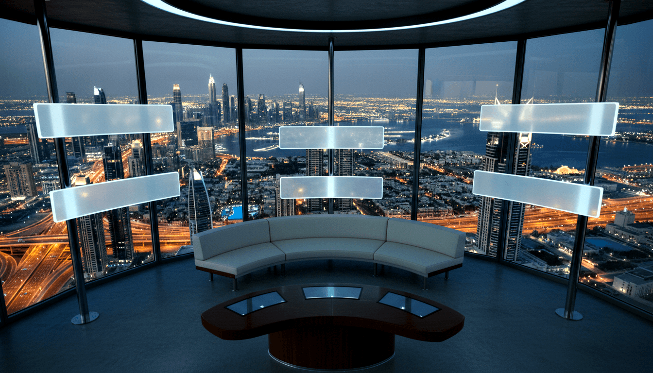 High-floor lounge at night with curved cream sectional sofa, dark oval table, six backlit panels, and panoramic windows showing cityscape.