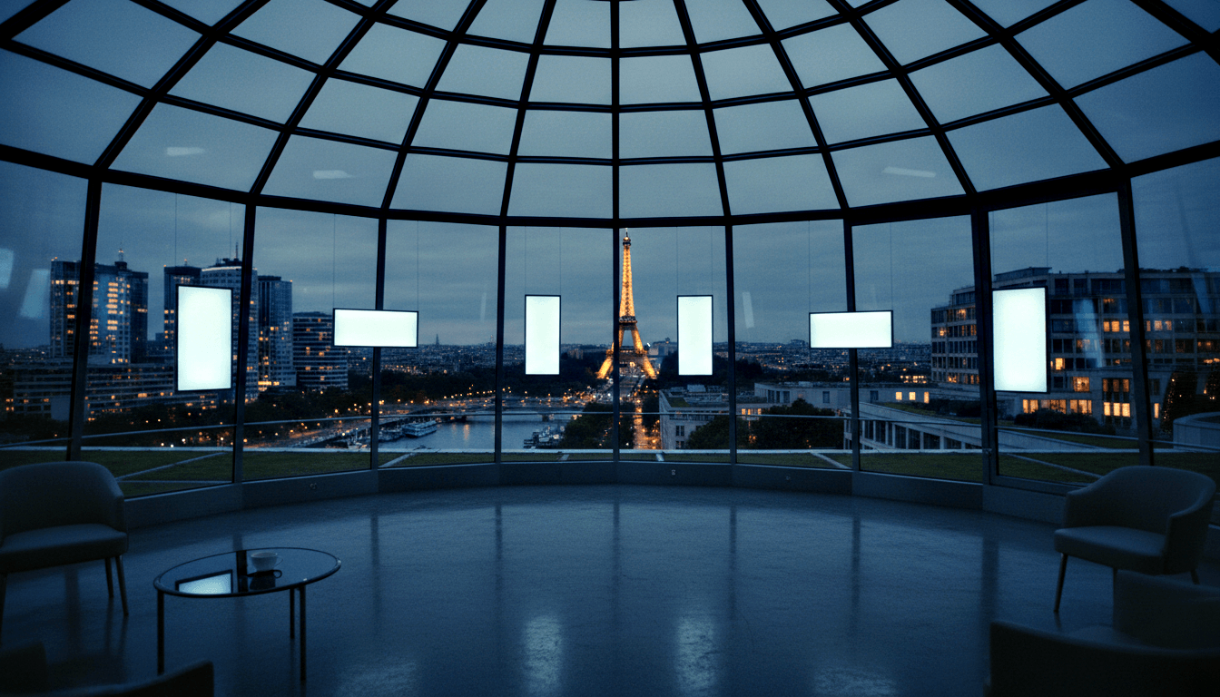 Glass-domed interior at night; geodesic ceiling, curved walls, city river view, gold lattice tower, two beige chairs, round table.