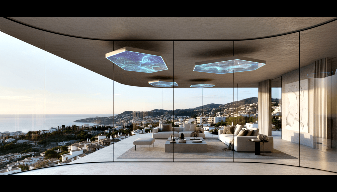 CGI interior: curved glass walls, white modular sofas, glowing hex ceiling panels, coastal town and sea at dusk.