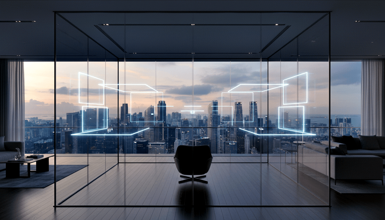 Glass-enclosed room with thin black metal framing, dark leather swivel chair, low coffee table, and glowing geometric outlines on panels at dusk.