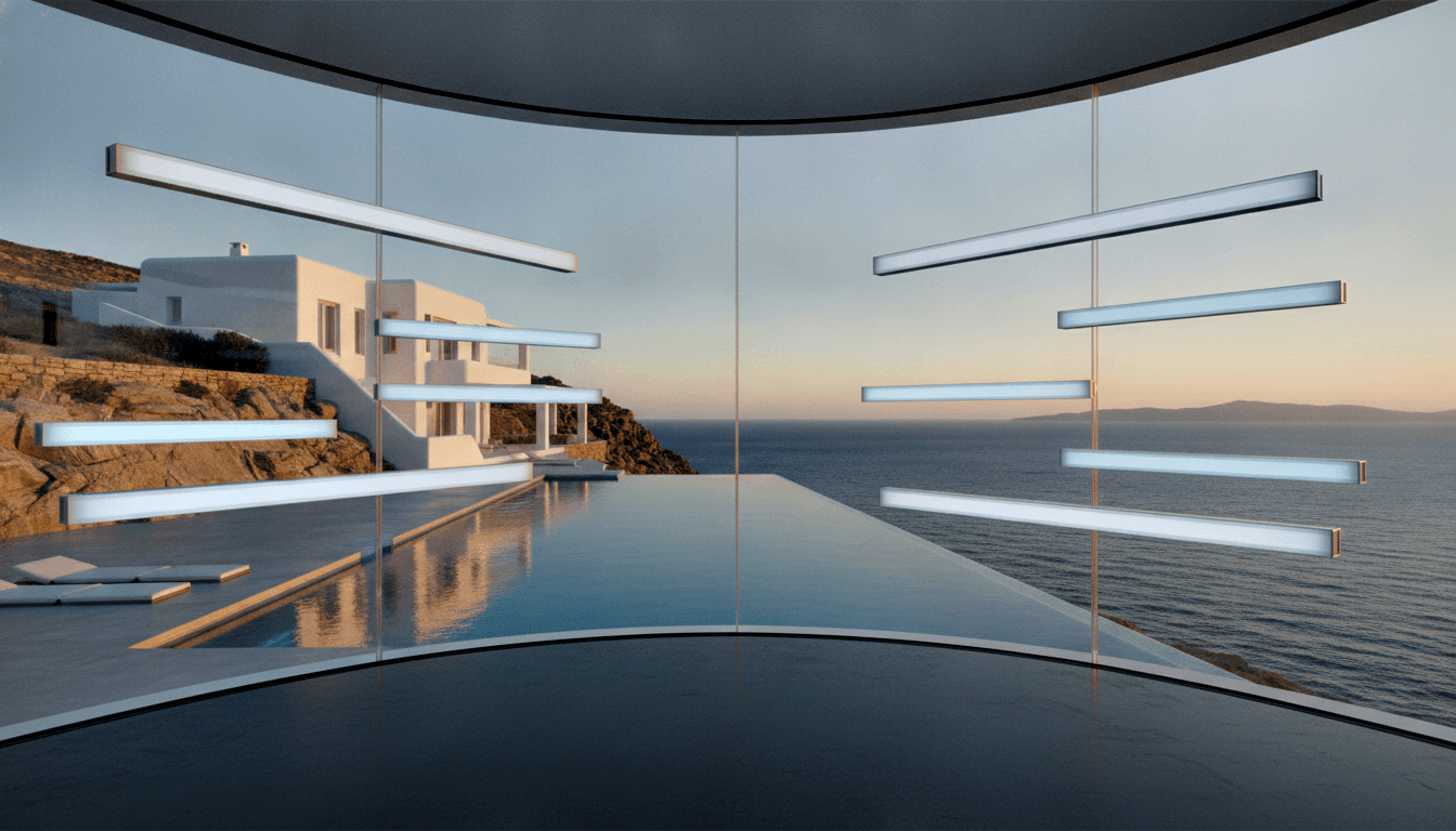 Curved glass facade frames cliff-edge infinity pool at dusk, flanked by sun loungers, white cubic architecture, and hanging light bars.
