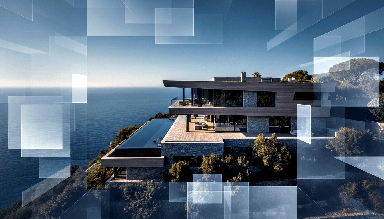 Hillside home with stone, timber, glass, infinity pool and deck over blue water, overlaid with white/grey rectangle mosaic.