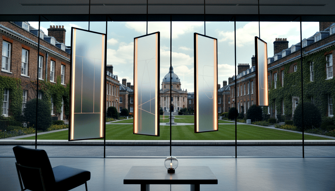 Four tall illuminated sage-green frosted panels in dark frames, angled in pairs behind glass walls, with a courtyard and domed structure beyond.