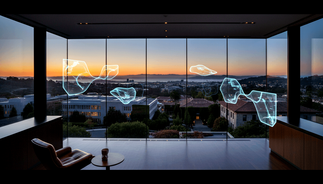 Minimalist interior with floor-to-ceiling glass walls, holographic overlays, twilight waterfront view, leather chair, wooden cabinetry.