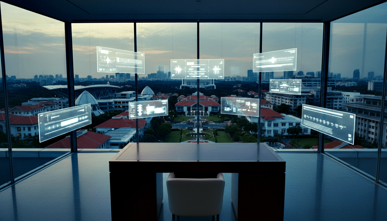 Dark wooden desk and white chair before floor-to-ceiling windows at dusk, with six holographic cyan-white panels displaying data and waveforms.