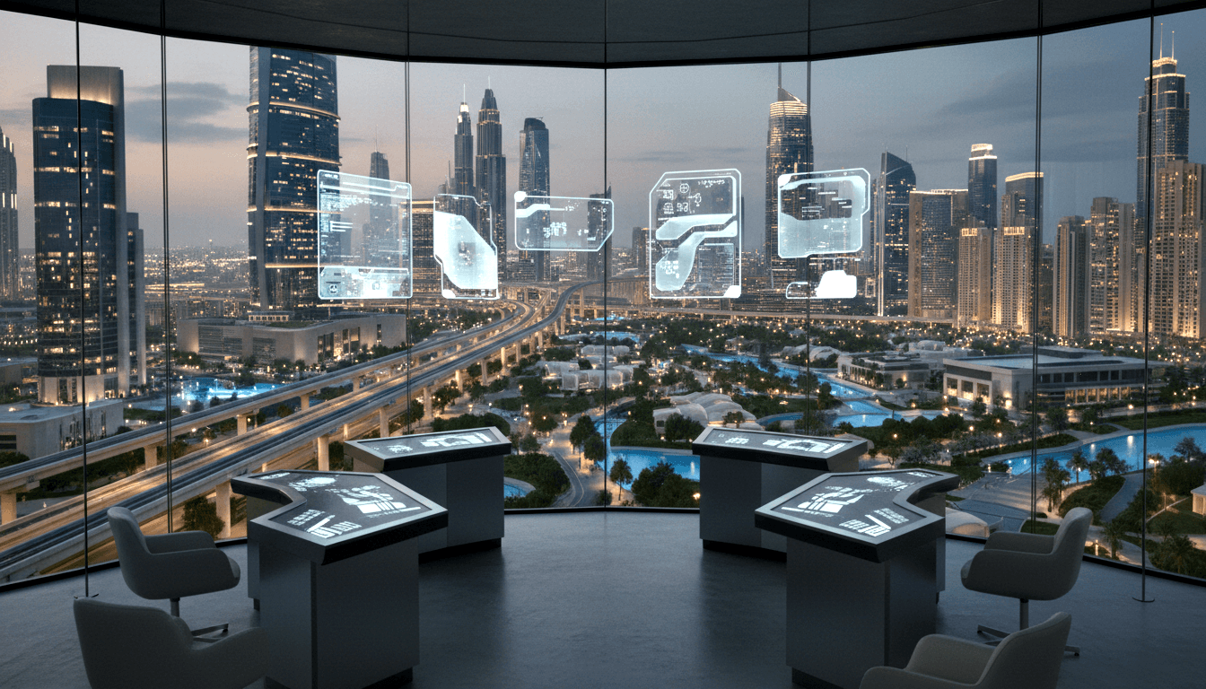 CGI curved glass command room at twilight; two touch-screen tables, floating holograms, panoramic lit city skyline beyond.