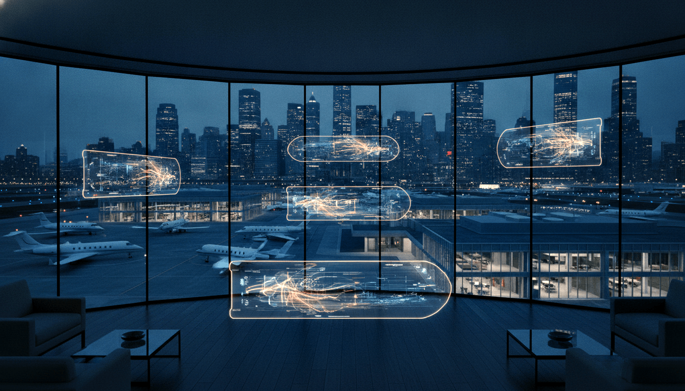 CGI glass lounge at night with minimalist charcoal furniture, private jets on tarmac below, and five amber, gold, and cyan holographic panels.