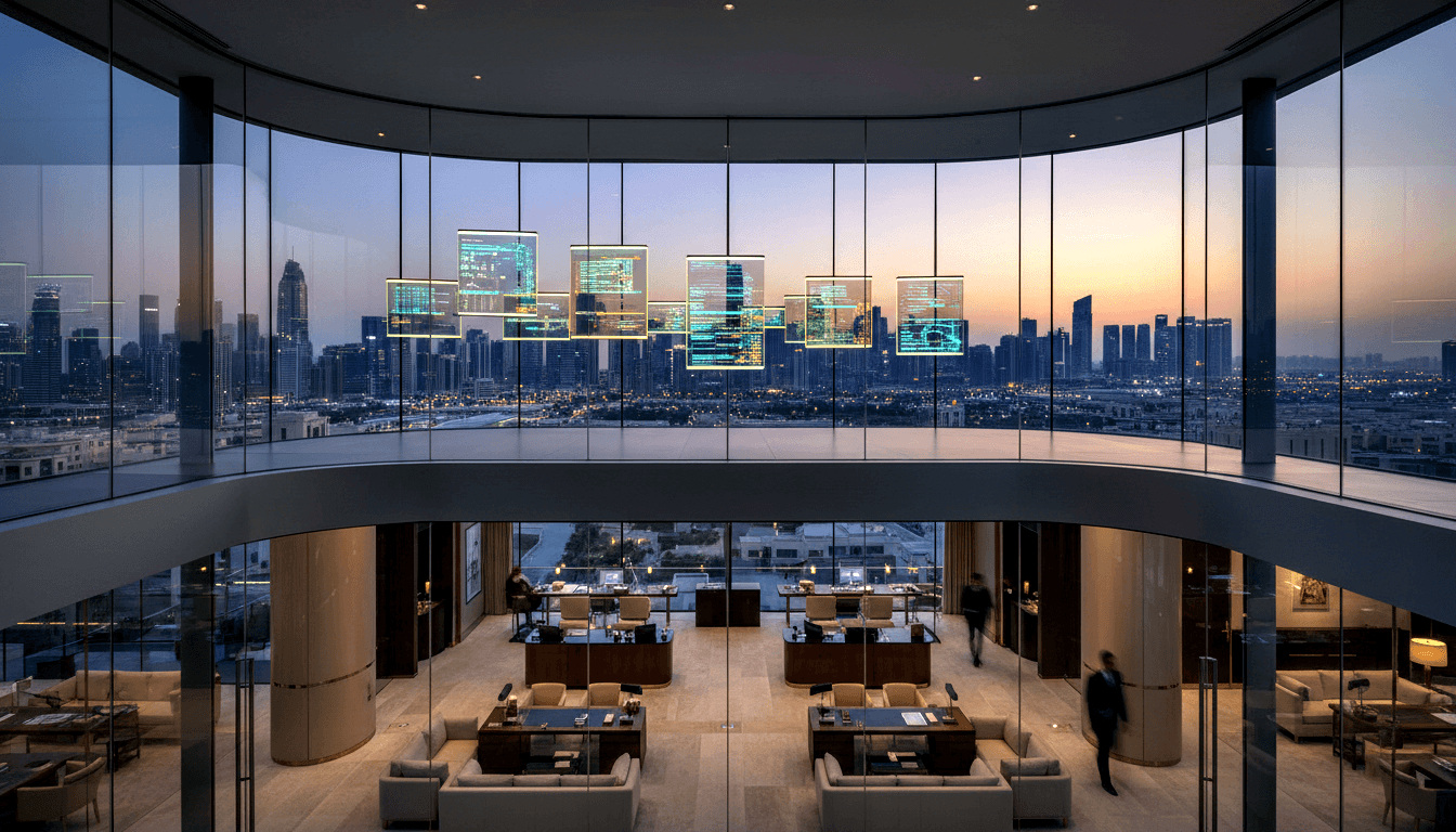Curved double-height glass interior, twilight skyline, cream lounge furniture, dark desks, cyan-glowing screens on mezzanine.