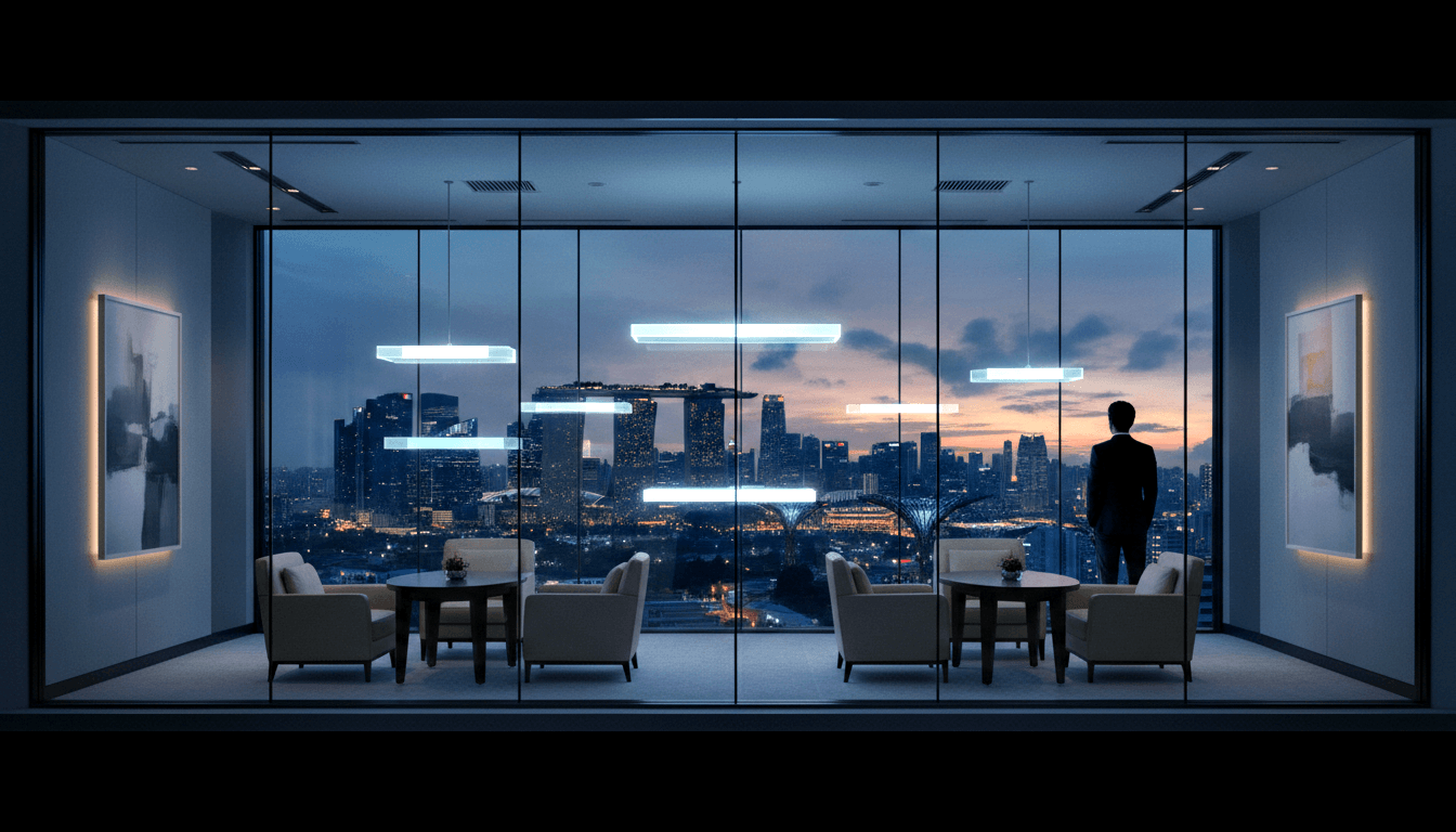 Upper-floor lounge with cream chairs, dark round tables, and full-height glass wall overlooking a dense urban twilight skyline.