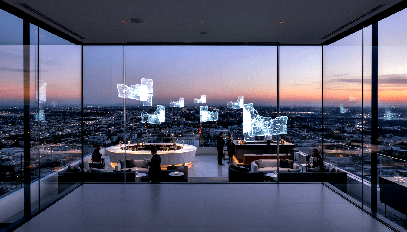Rooftop lounge with circular white bar, grey seating, formally dressed guests, glowing geometric shapes, city skyline at twilight.