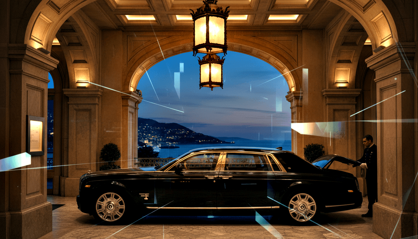 Black sedan under stone porte-cochère, uniformed white-gloved figure holding rear door open, archway framing twilight coastal scene.