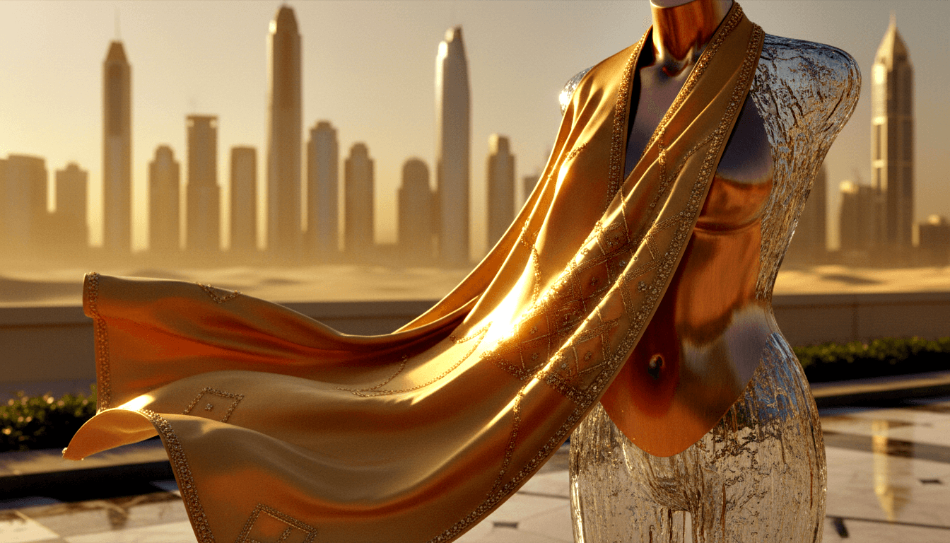 Headless CGI mannequin with glass torso in golden diamond-embroidered fabric on terrace, skyline backdrop, golden-hour light.