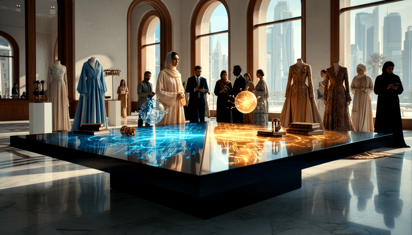 Grand hall with marble floors, arched windows, glowing blue circuit table, mannequins in formal gowns, women in abayas browsing.