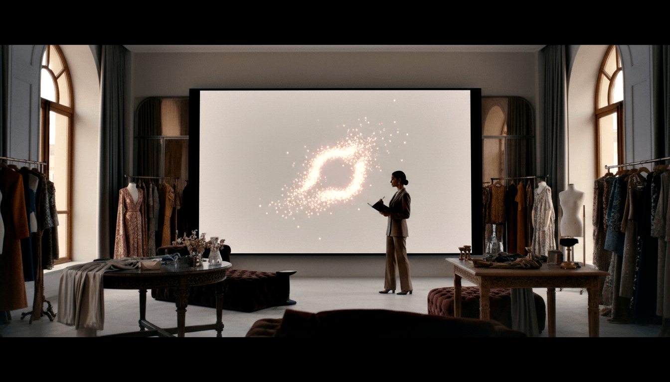 Woman in beige pantsuit with notebook stands in profile before a glowing amber projection screen in a symmetrical high-ceilinged interior.