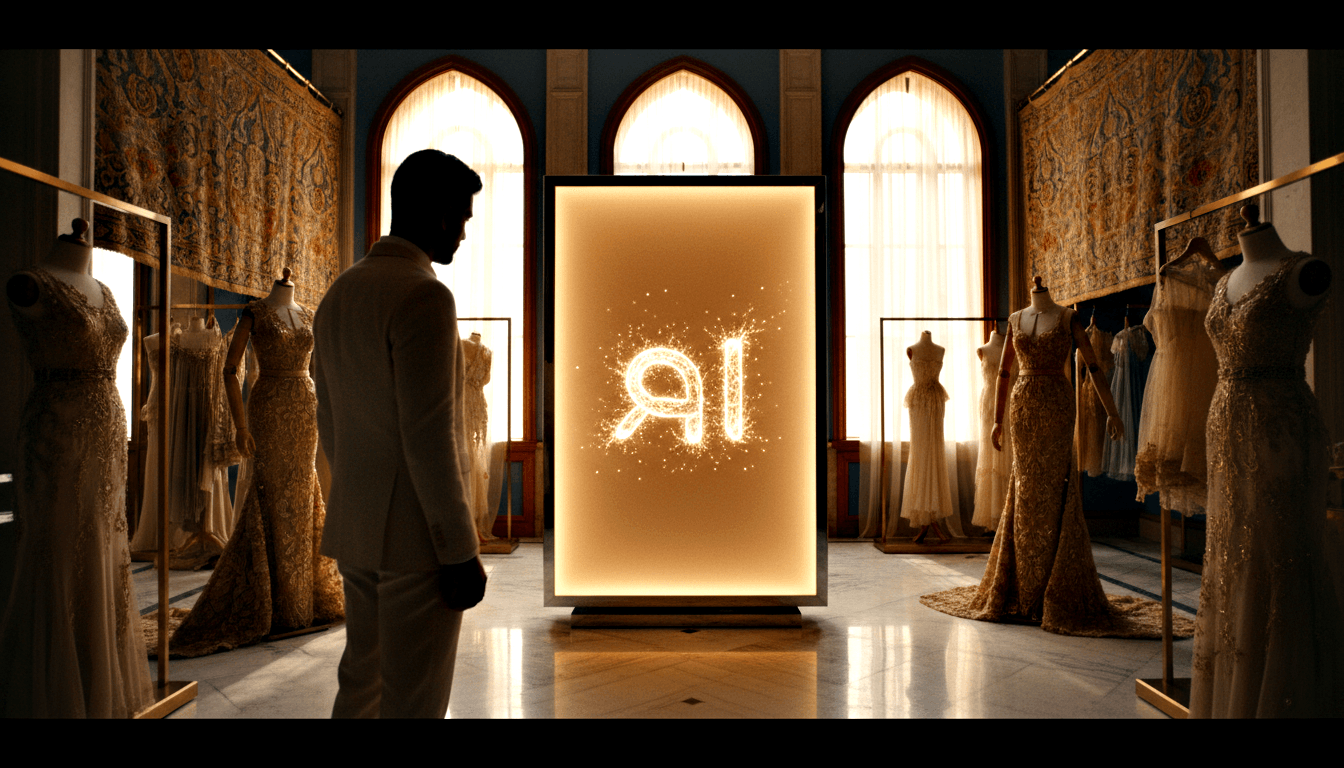 Boutique interior with teal walls, marble floors, mannequins in gold gowns flanking a glowing amber lightbox with golden lettering.