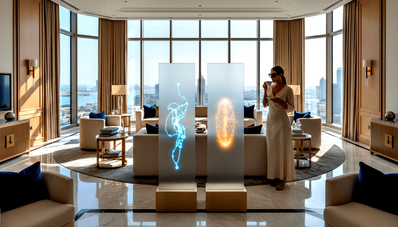 Penthouse living room with curved panoramic windows; woman in white dress holds cup near cyan neon figure and orange flame panel.