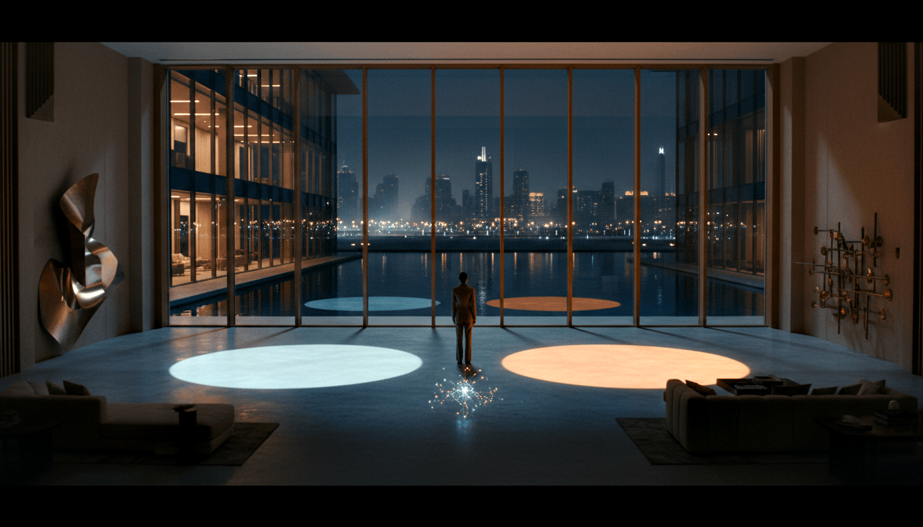 Figure in rust attire stands back to viewer before floor-to-ceiling windows with nighttime city skyline reflected on water.