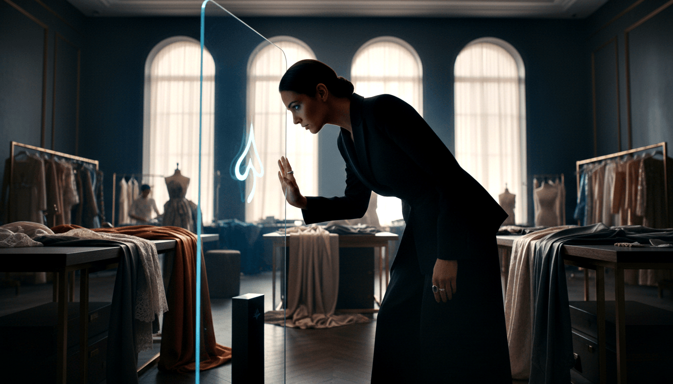 Dark-haired woman in black coat presses hand on glowing transparent panel with flame symbol on dark pedestal, clothing racks on both sides.