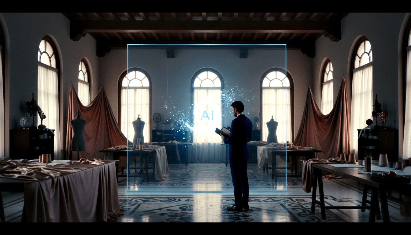 Man in dark navy suit faces a glowing electric-blue holographic frame displaying 'AI' in a classical atelier with arched windows.